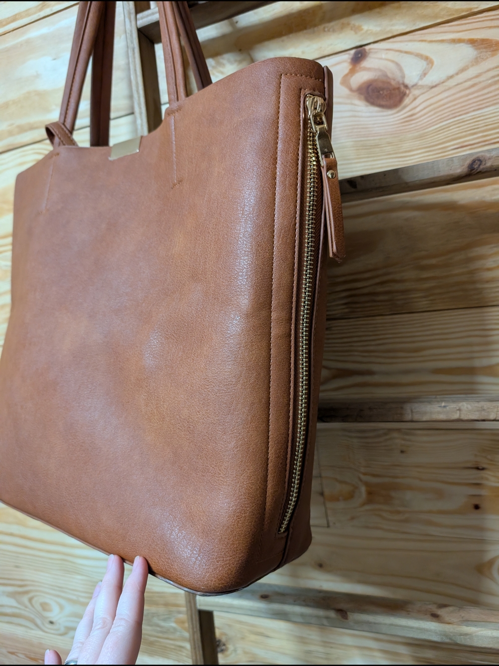 Tan Leatherette Tote Bag with Pouch - Women Bags - Picture 6 of 12